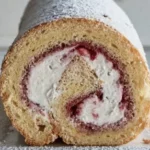 A visual feast of the Strawberry Shortcake Roulade, showcasing its rolled layers, adorned with cream cheese, whipped cream, and fresh strawberries—a delectable delight for the eyes and palate.