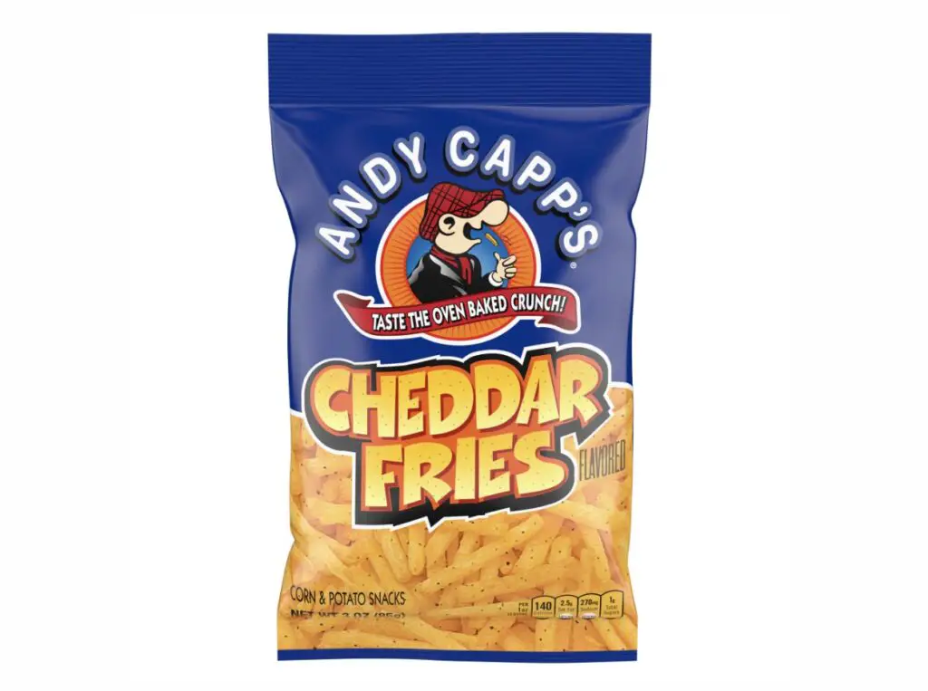 A tempting image of gluten-free Andy Capp's Cheddar Fries, showcasing the crispy texture and bold cheddar flavor, perfect for a satisfying and gluten-conscious snack
