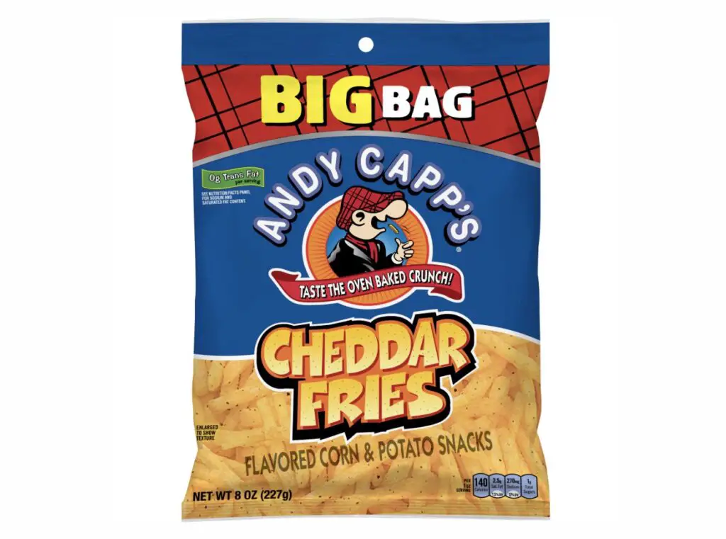 A bowl of Andy Capp's Hot Fries, a popular spicy snack, with gluten-free label