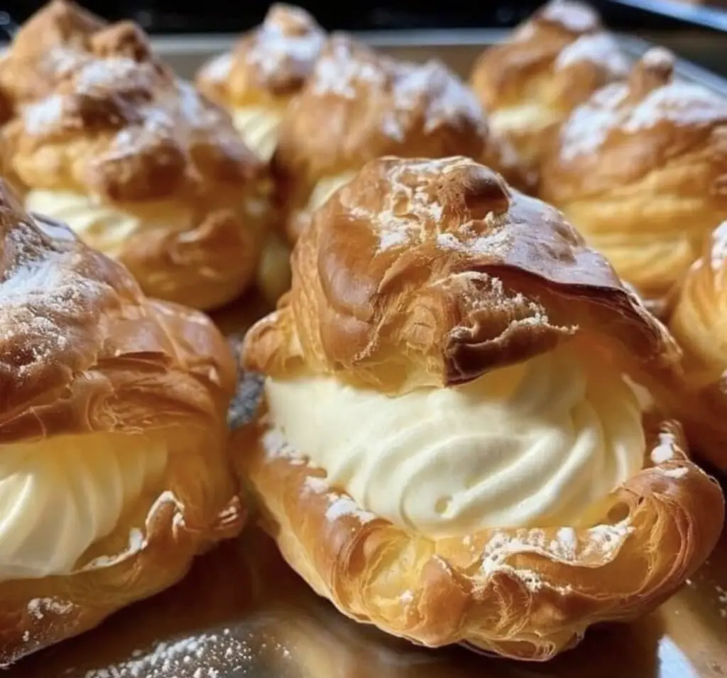 An enchanting image showcasing Tasty Cream Puffs—golden-brown pastry shells delicately filled with luscious cream, presenting a perfect harmony of textures and flavors. A visual delight for dessert lovers.