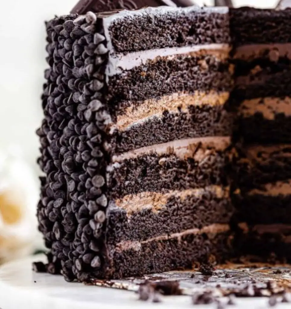 A mouthwatering image showcasing the layers of Salted-Caramel Six-Layer Chocolate Cake, each tier adorned with a luscious drizzle of salted-caramel sauce. The cake is a visual and gastronomic delight, promising layers of indulgence.