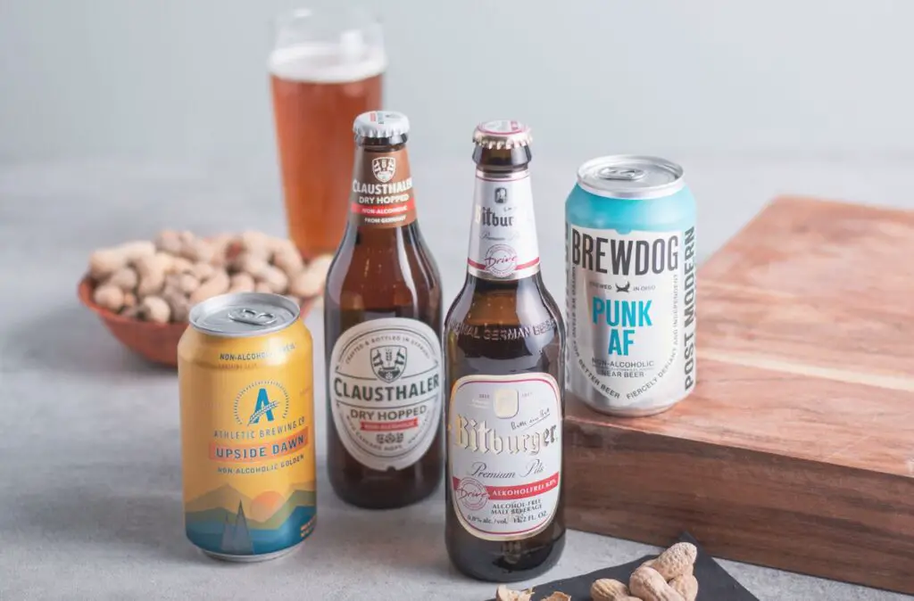 Image showcasing a variety of gluten-free non-alcoholic beers with vibrant labels and refreshing appearance.