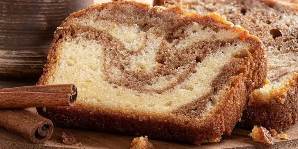 A sliced loaf of Cinnamon Swirl Donut Bread, showcasing the moist interior, cinnamon swirls, and a sweet vanilla glaze. A perfect blend of comfort and indulgence!