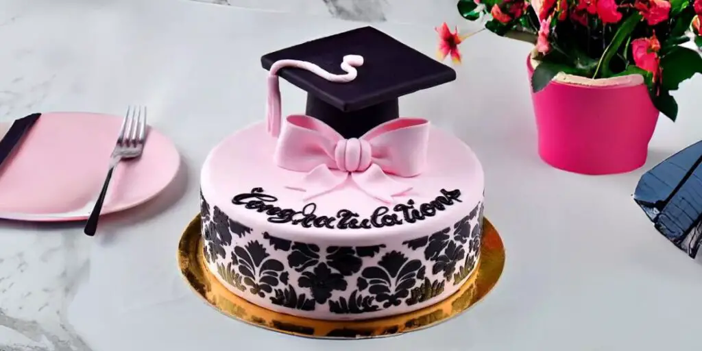 A visually stunning and decadent elegant graduation cake, adorned with whipped cream, fresh berries, and drizzles of caramel sauce—a perfect centerpiece for celebration.