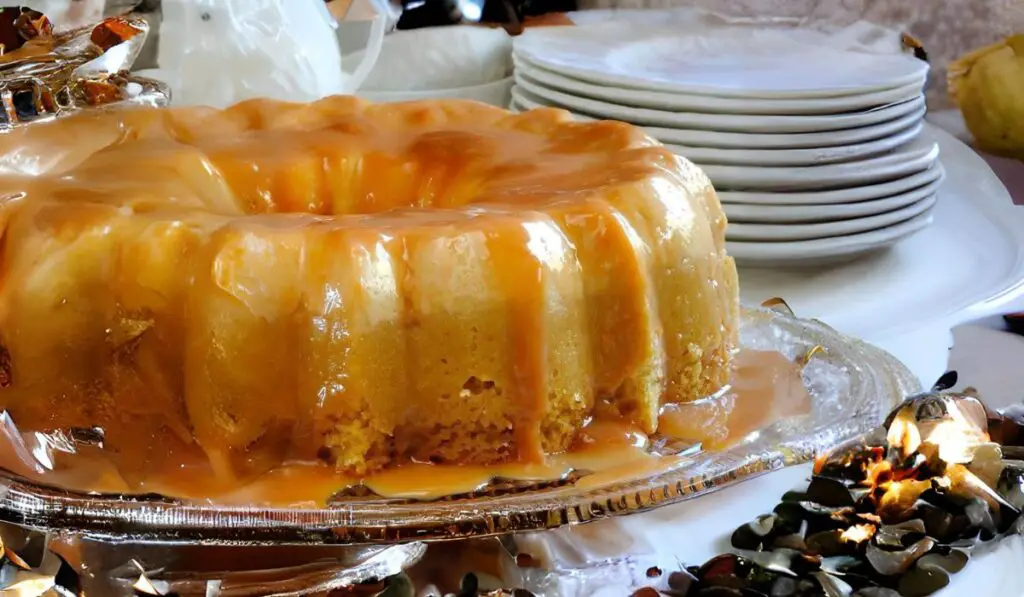 An image showcasing a golden-brown Salted Caramel Kentucky Butter Cake, drizzled with luscious caramel sauce on a white plate, highlighting its moist texture and caramel swirls.