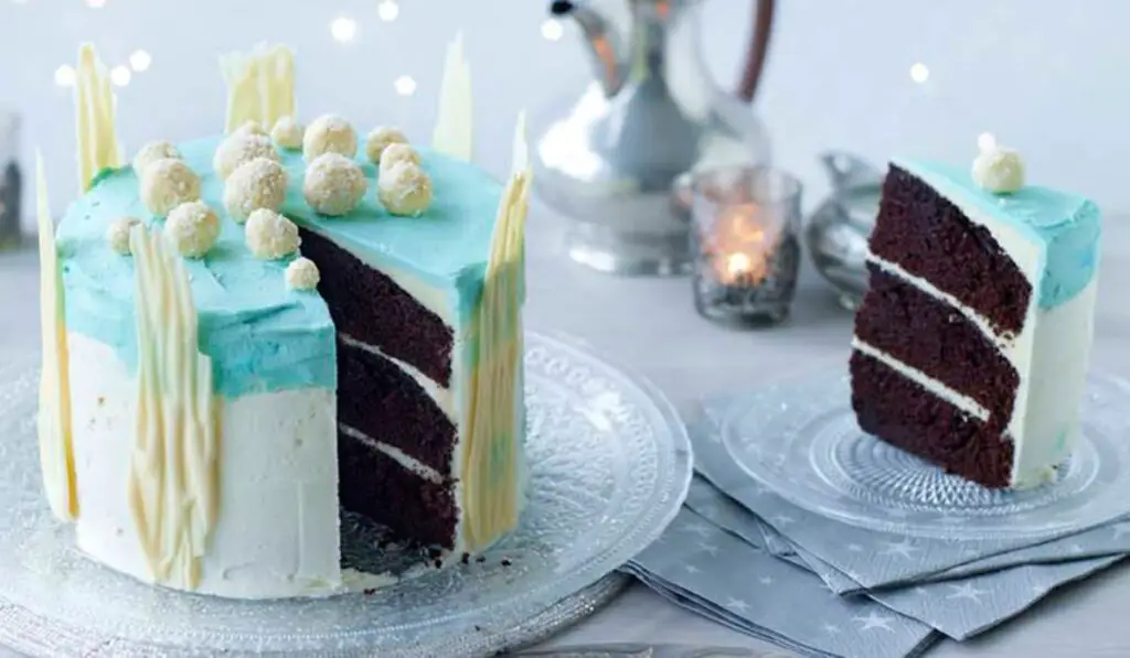 An image of a three-tiered Winter Wonderland Cake decorated with snowflakes, shimmering icing, and a festive topper.