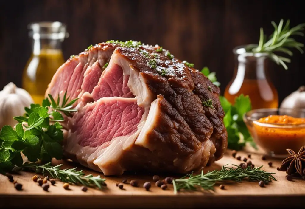 An appetizing image showcasing a succulent beef knuckle roast, perfectly cooked and ready to be served